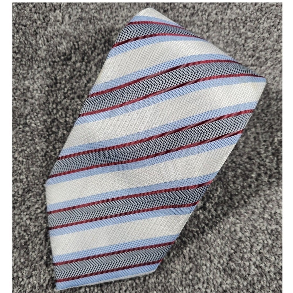 Ermenegildo Zegna Necktie Mens OS White Blue‎ Red Striped Herringbone Silk Italy
